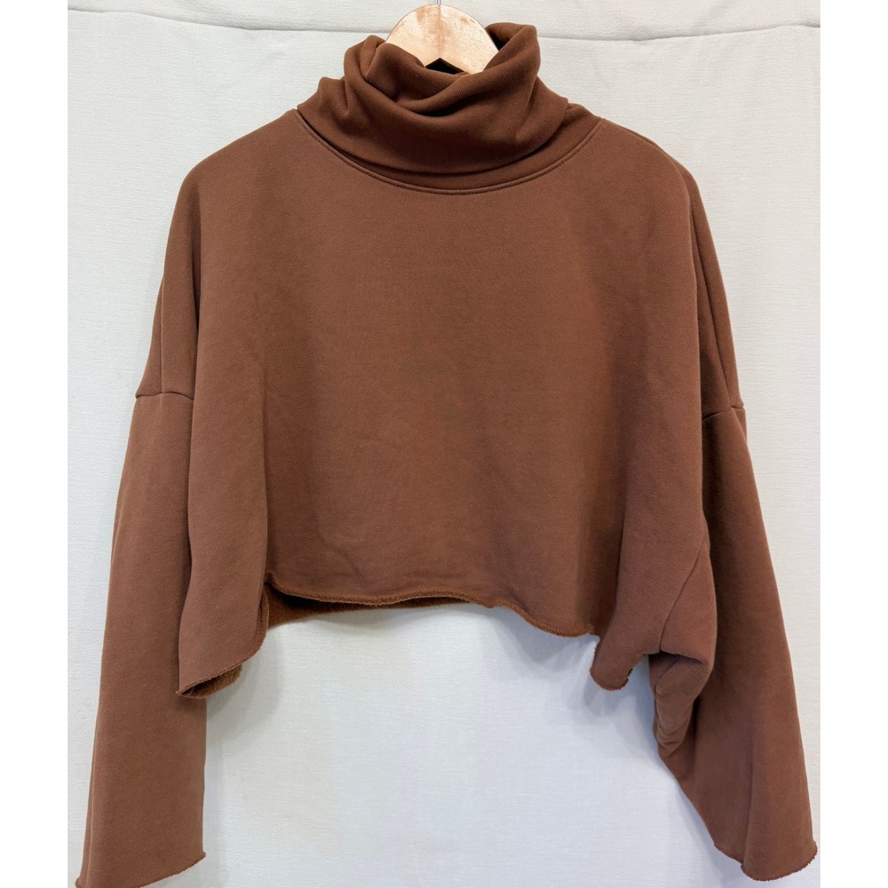 Oak + Fort Cropped Turtleneck Sweatshirt Brown Oversized Raw Hem Small